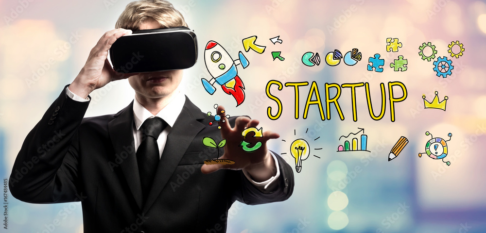 Poster startup text with businessman using a virtual reality headset