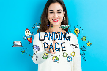 Landing Page text with young woman on a blue background