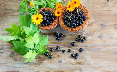 ягоды черной смородины в плетёных корзинках и цветы календулы 