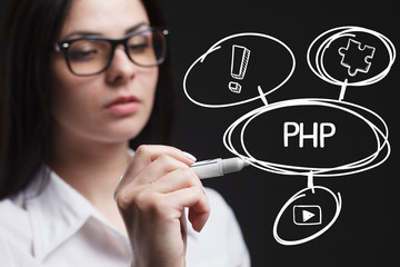 The concept of business, technology, the Internet and the network. A young entrepreneur working on a virtual screen of the future and sees the inscription: PHP