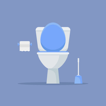 Toilet bowl, paper and brush isolated on blue background. Flat style vector illustration.