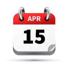 Bright realistic icon of calendar with 15 april date isolated on white