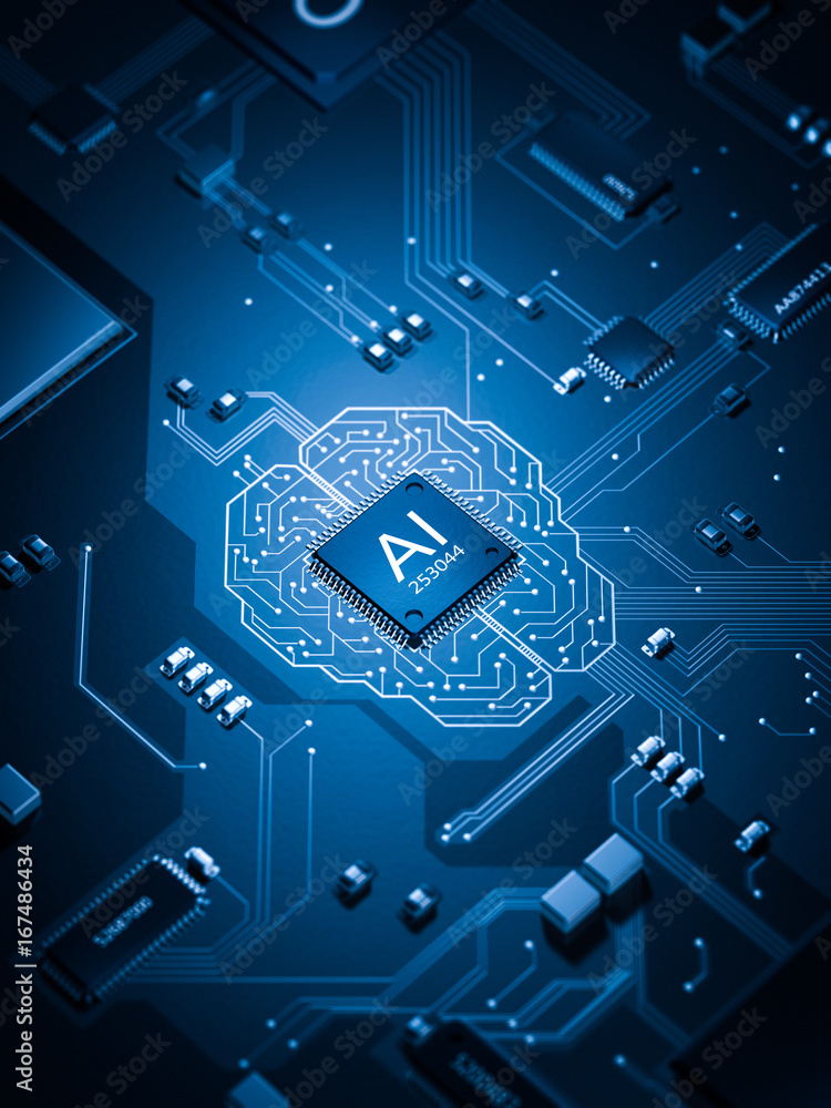 Wall mural artificial intelligence electronic circuit board future of technology 3d rendering