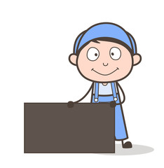 Cartoon Worker with Blank Banner Vector Illustration