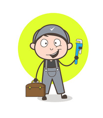 Cartoon Mechanic Showing Wrench Tool Vector