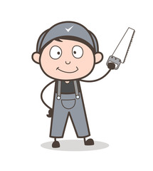 Cartoon Carpenter Holding a Saw Cutter Vector