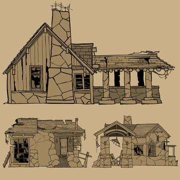 Painted monochrome sketches of destroyed stone houses