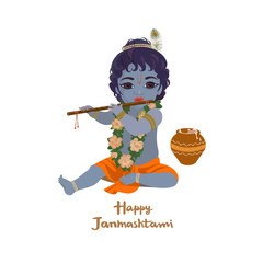 Krishna janmashtami greeting card. Dahi handi festival vector illustration with little Krishna playing the flute isolated vector illustration