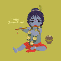 Krishna janmashtami greeting card. Dahi handi festival vector illustration with little Krishna playing the flute isolated vector illustration