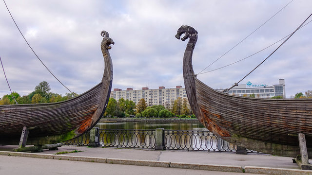 Drakkar (Viking wooden boat) on the waterfront