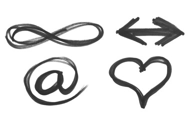 e-mail, heart, arrow and symbol of infinity, black marker isolated on white background