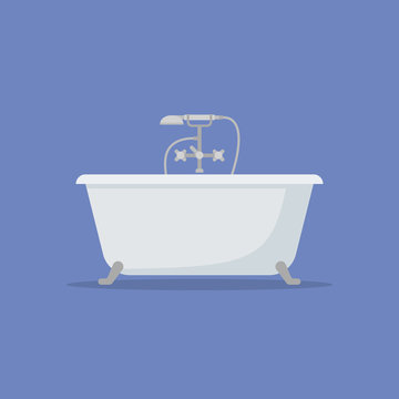 Bathtub isolated on blue background. Flat style icon. Vector illustration.