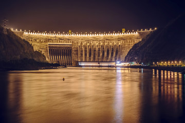Night view of hydro electric power plant dam