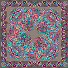 Design for square pocket, shawl, textile. Paisley floral pattern