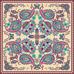 Design for square pocket, shawl, textile. Traditional oriental paisley pattern