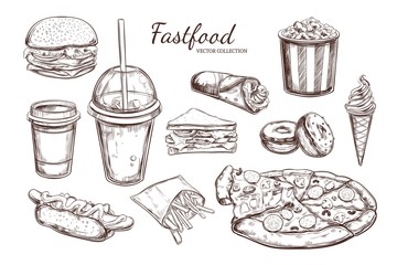Fastfood dishes with drinks . Vector Hand drawn Isolated vector objects. Hamburger, pizza, hot dog, cheeseburger, coffee and soda cups, ice cream , french fries, popcorn , donuts, rolls, sandwich