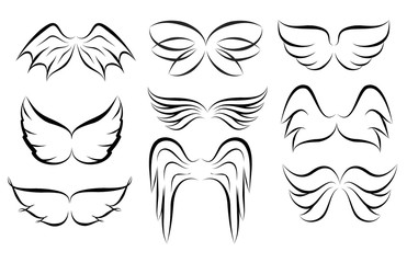 Hand drawn wings logo set. Vector doodle winged icons. Set of logo with linear wings illustration
