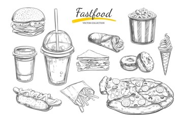 Fastfood dishes with drinks . Vector Hand drawn Isolated vector objects. Hamburger, pizza, hot dog, cheeseburger, coffee and soda cups, ice cream , french fries, popcorn , donuts, rolls, sandwich - obrazy, fototapety, plakaty