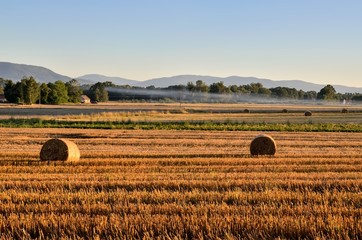 Fototapeta premium Summer rural landscape. Haystack in a meadow with mountain landscape.