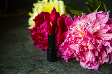 peony with bright lipstick