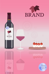 Brand. Bottle of red wine with glass and tomato mozzarella skewers with logo. Price : Best quality.