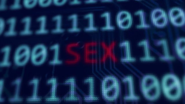 Sex red text between random binary data background on screen with depth of field in 4k