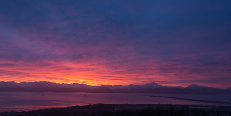 Four Ships on Kachemak Bay under Red Glow of Dawn