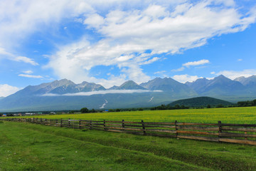 Obraz premium wooden fence and a green glade against the backdrop of the mountains