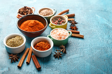 Spices and condiments in small bowls