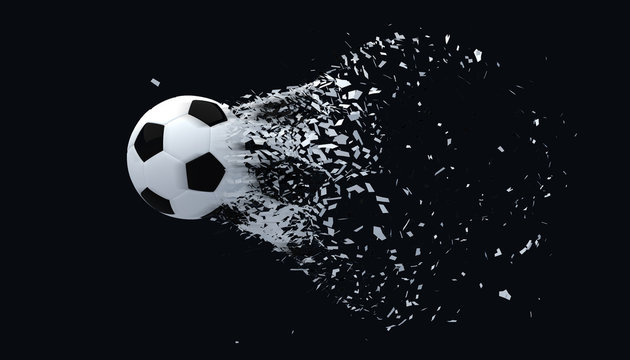 Fast shooting football black and white color on black background.3D Rendering