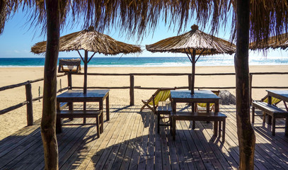 Beach bar view towards the ocean in Mozambique, Africa