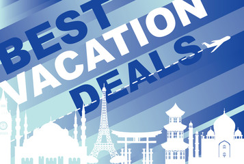 Vector banner best vacation deals for traveling with silhouettes of architectural landmarks and airplane on the blue abstract striped background