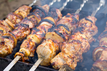 Grilled kebab cooking on metal skewer closeup