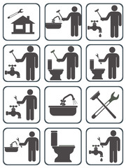 Plumbing work symbol icons set