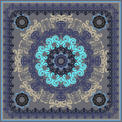 Mandala in the frame, bandanna design. Square geometric mandala pattern with ornate frame, tribal ethnic ornament. Bandanna shawl fabric print, silk neck scarf kerchief design. vector illustration