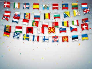 Colorful flags of different countries of the europe with confetti on grey background. Festive garlands of the international pennant. Bunting wreaths. Vector banner for celebration party, conference