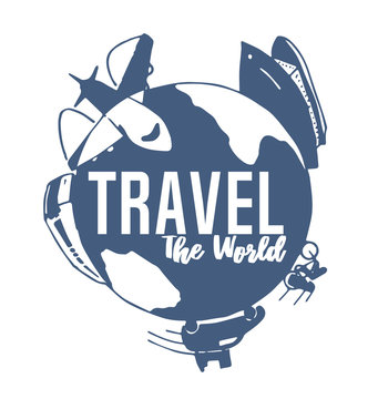 blue flat round logo about travelling with different kinds of transport on a symbolic earth