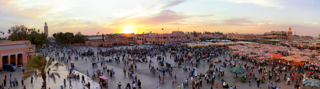 Panorama view of the Djemaa El Fna square in Marrakesh city during sunset. Marrakech, Morocco 