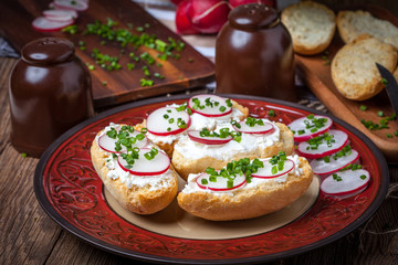 Toasts with radish, chives and cottage cheese.