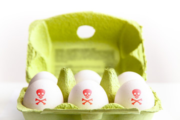 Eggs in a green paper package with the eggs painted with a red poisonous risk symbol skull and bones. Concept for food contamination egg scandal.