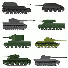 Set of military vehicles and tanks. Flat design.