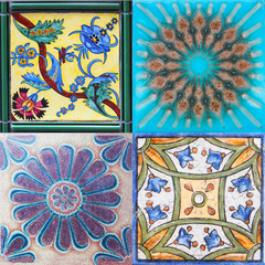 Detail of the traditional tiles from facade of old house. Decorative tiles.Spain traditional tiles. Floral ornament. Majolica, Watercolor. Valencia.