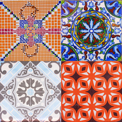 Detail of the traditional tiles from facade of old house. Decorative tiles.Valencian traditional tiles. Floral ornament. Majolica, Watercolor