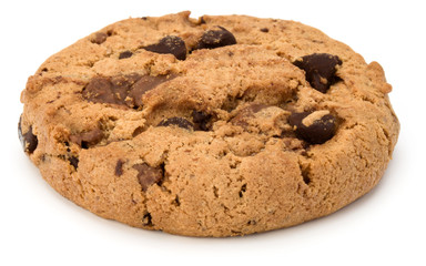 One Chocolate chip cookie isolated on white background. Sweet biscuit. Homemade pastry.