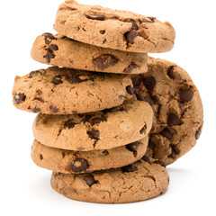 Stacked Chocolate chip cookies isolated on white background. Sweet biscuits. Homemade pastry.