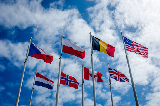 Flags in front of museam in Normandy