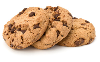 Three Chocolate chip cookies isolated on white background. Sweet biscuits. Homemade pastry.