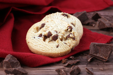 Chocolate chip cookies on table freshly baked