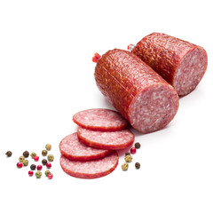 Salami smoked sausage and peppercorns isolated on white background cutout
