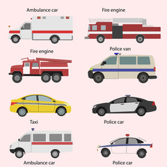 Vector set of the isolated transport icons. Fire truck, ambulance, police car.